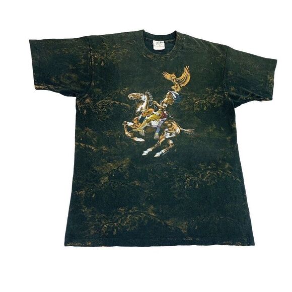 Vintage Native American T-Shirt Cowboy XL Black Gold All over Print - Picture 1 of 10